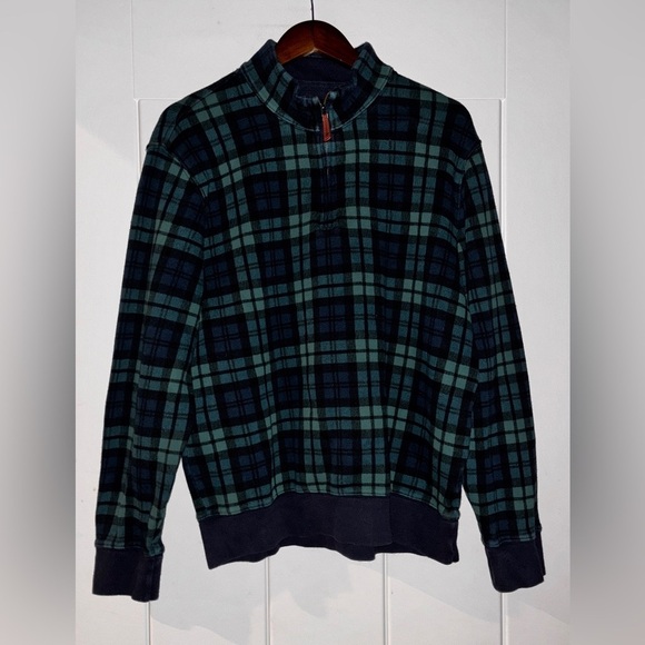 Lands’ End Bedford 1/4 Rib Brush‎ Knit Green Blue Plaid Sweater Men L Dadcore - Picture 1 of 9